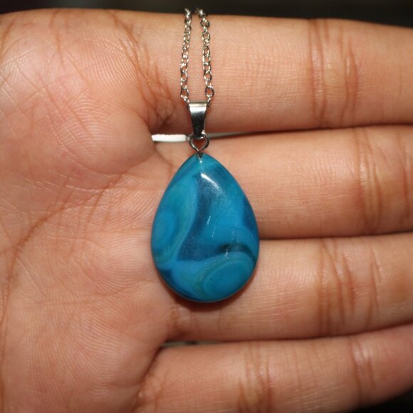 Blue Teardrop Stone Pendant Necklace – Polished Natural Look, Silver Chain - Picture 6 of 7